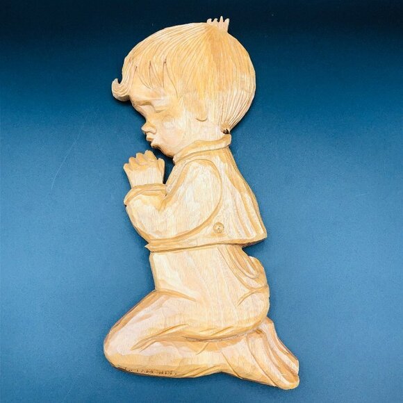 70s Hand Carved Wood Wall Plaque Praying Boy Vintage Gerard Lamonde Wall Hanging - Picture 1 of 10
